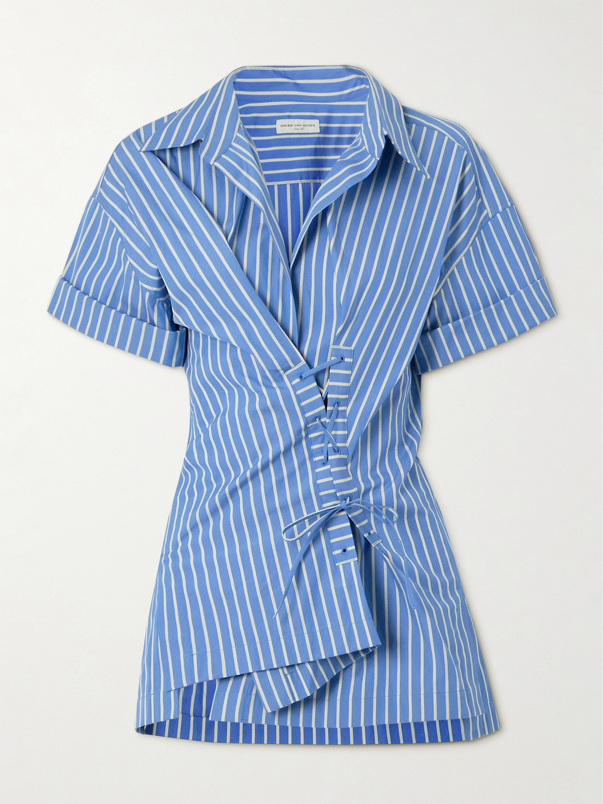 Shop Dries Van Noten Striped Lace-up Cotton-poplin Shirt In Blue