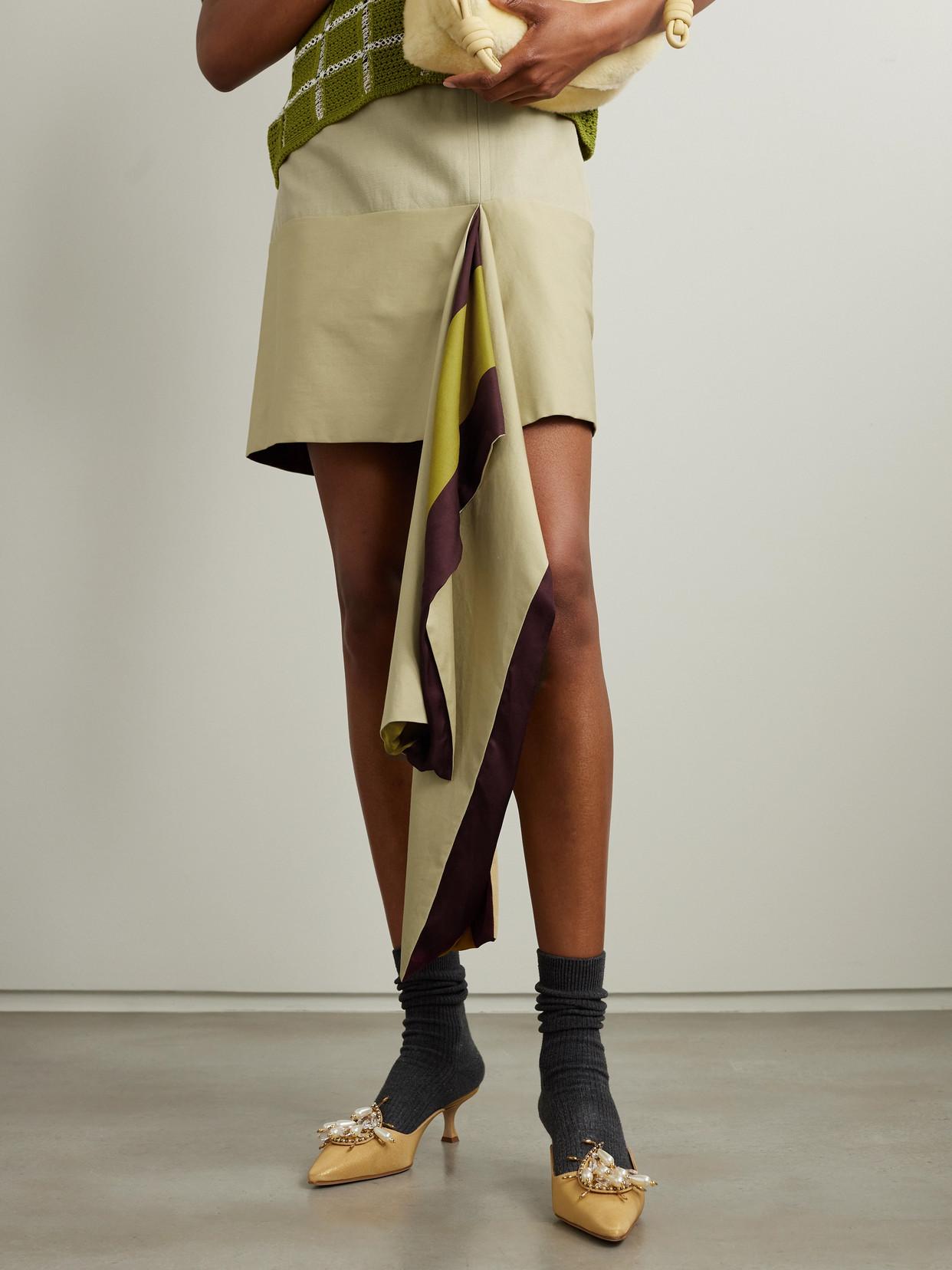 Dries Van Noten Asymmetric Draped Twill And Satin-twill Mini Skirt In Neutrals