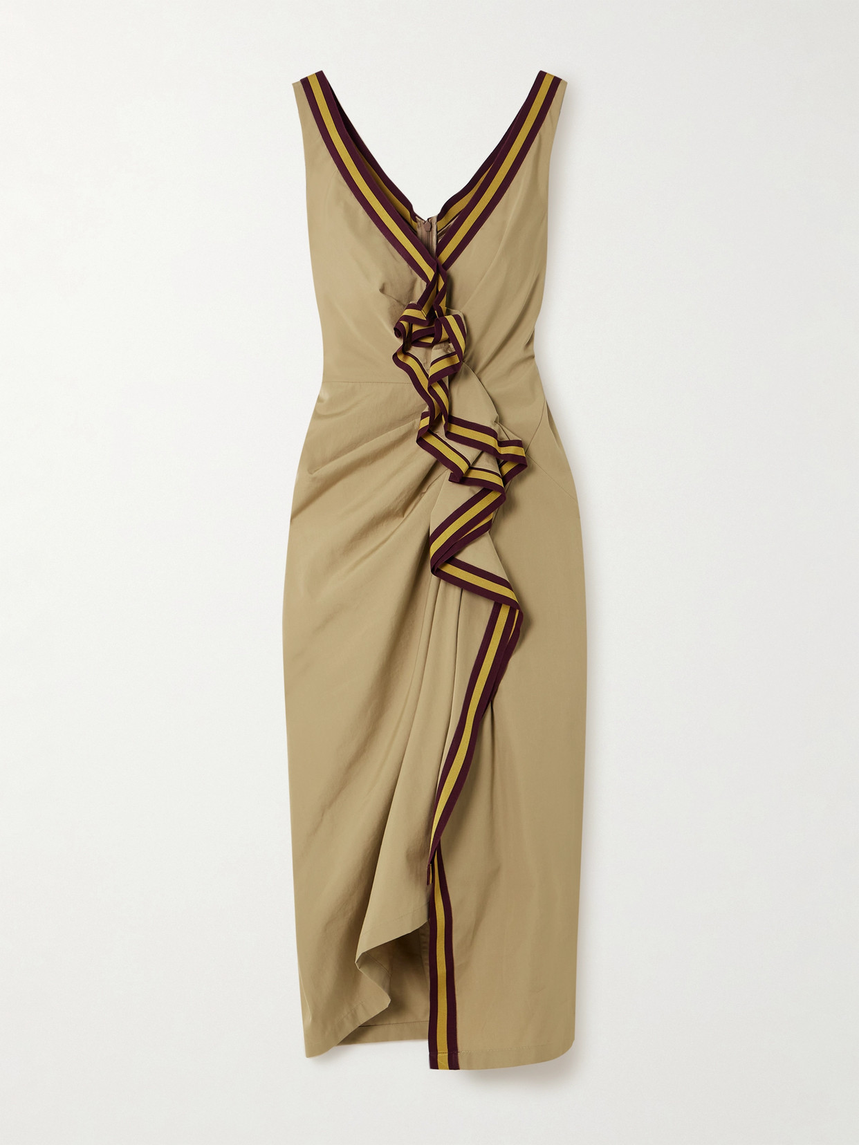 Shop Dries Van Noten Striped Grosgrain-trimmed Ruffled Cotton-twill Midi Dress In Neutrals