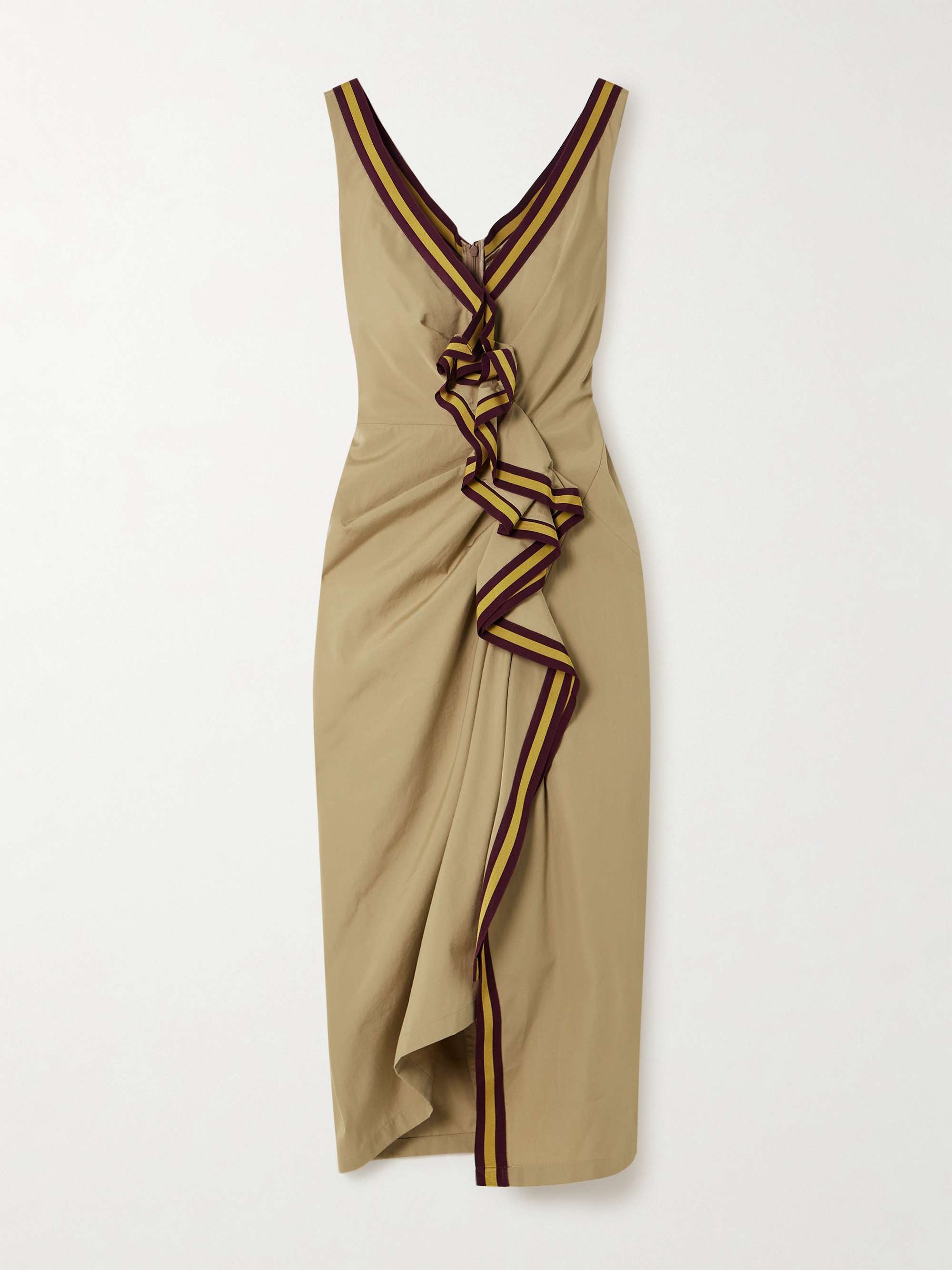 Striped grosgrain trimmed ruffled cotton twill midi dress