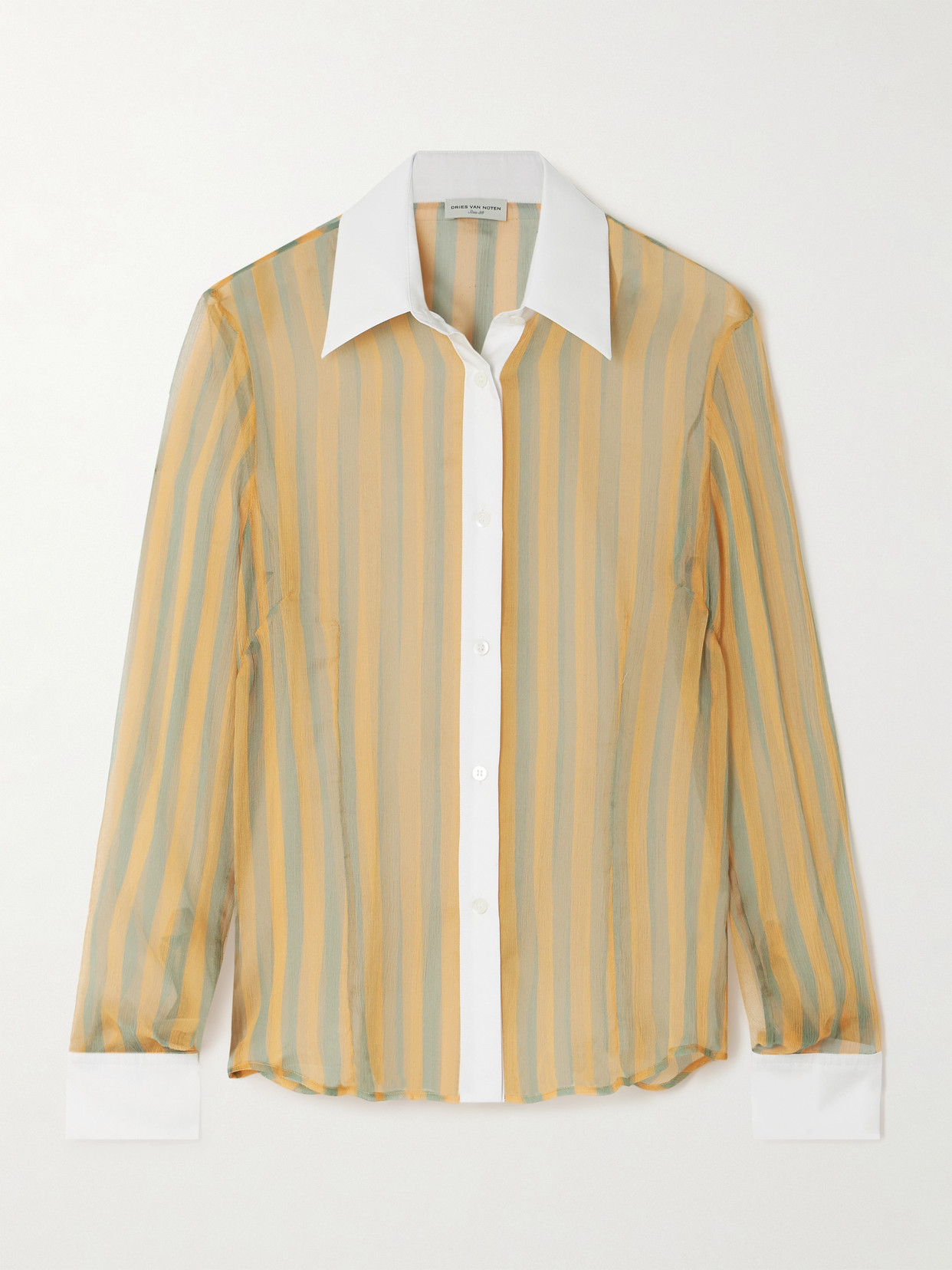 Dries Van Noten Poplin-trimmed Striped Crinkled Silk-chiffon Shirt In Orange