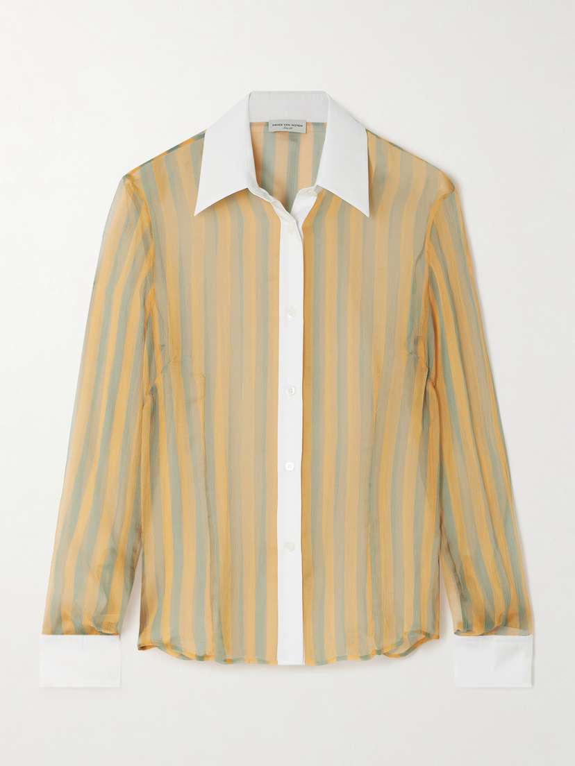 Dries Van Noten Poplin-trimmed Striped Crinkled Silk-chiffon Shirt
