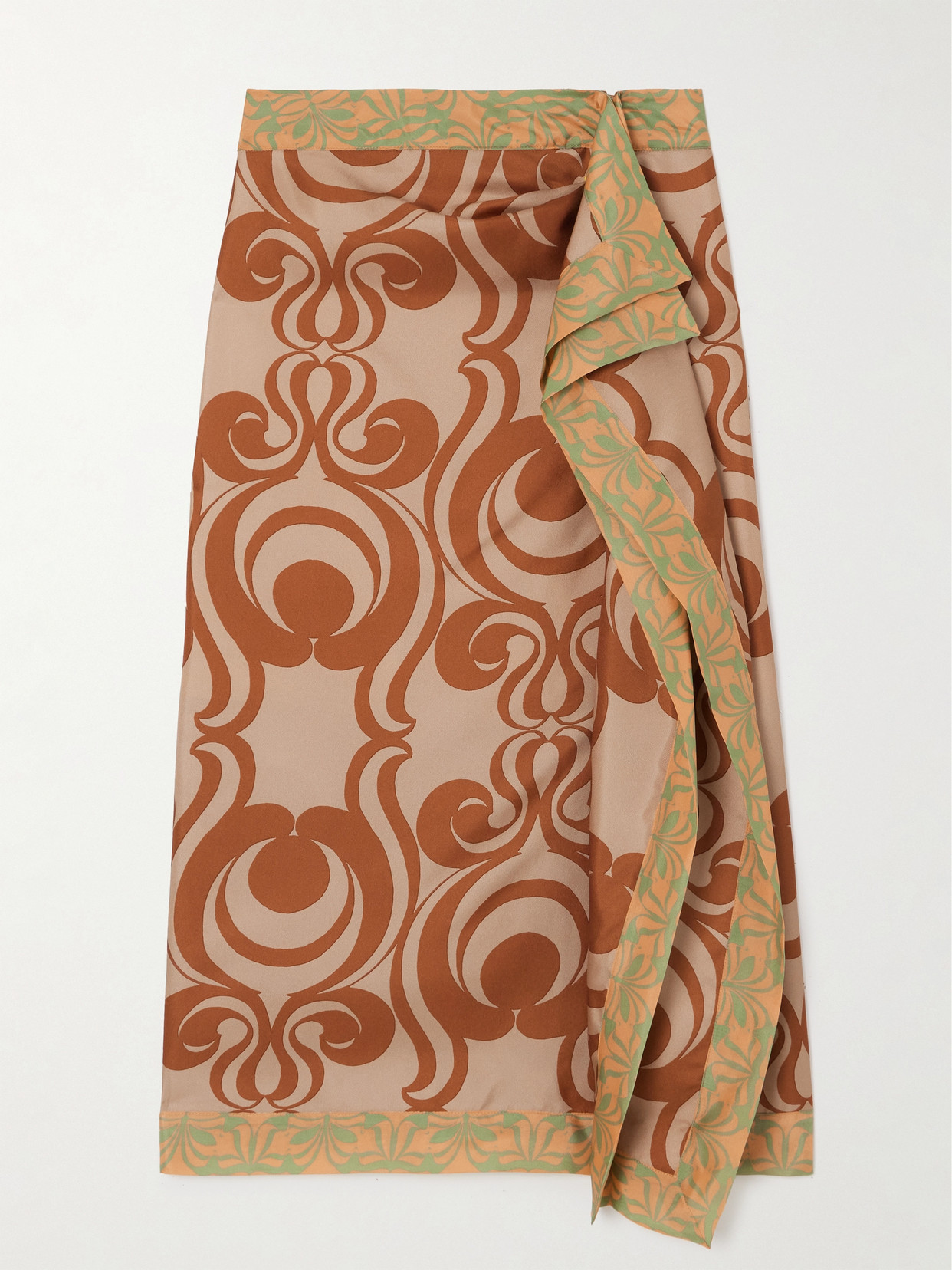 Shop Dries Van Noten Printed Silk-twill Midi Skirt In Brown