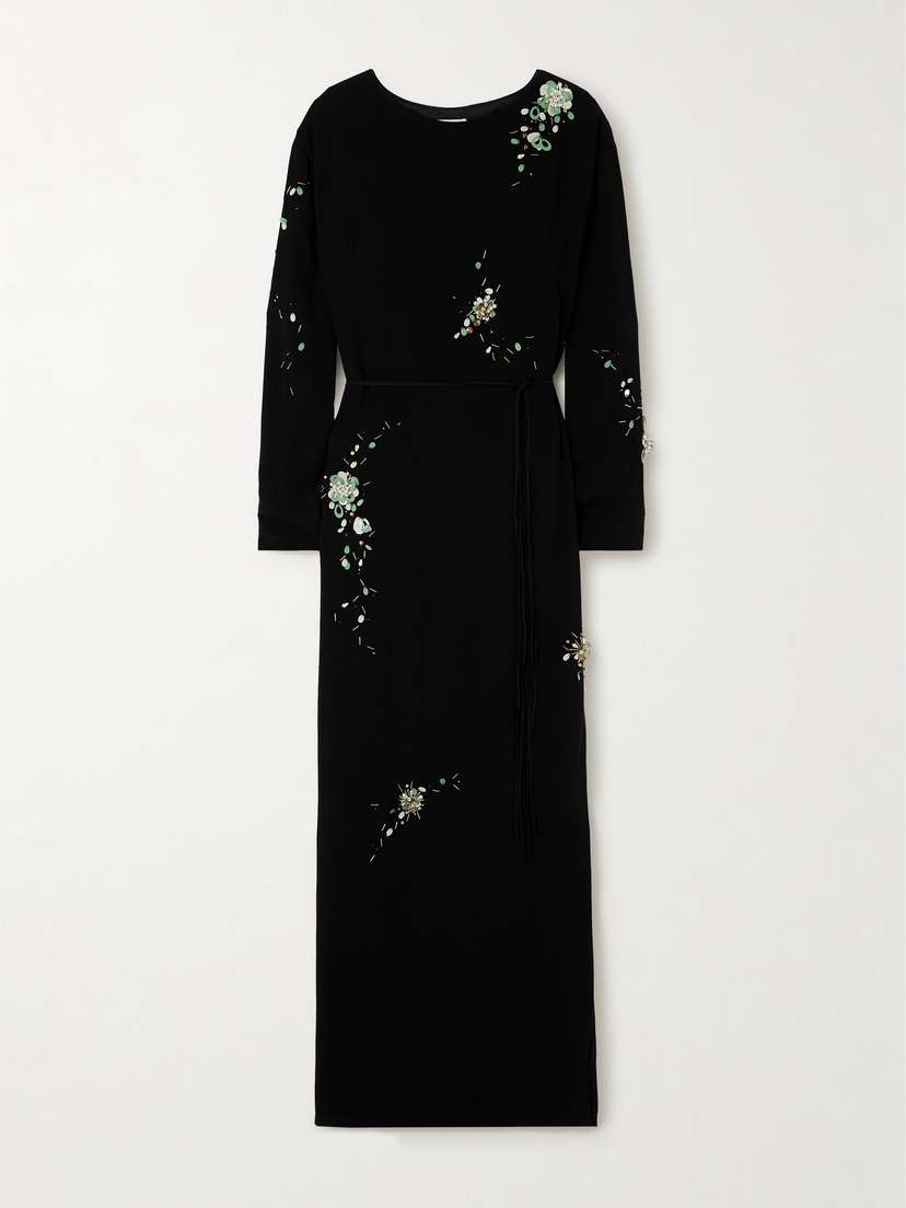 Dries Van Noten Belted Embellished Crepe Maxi Dress