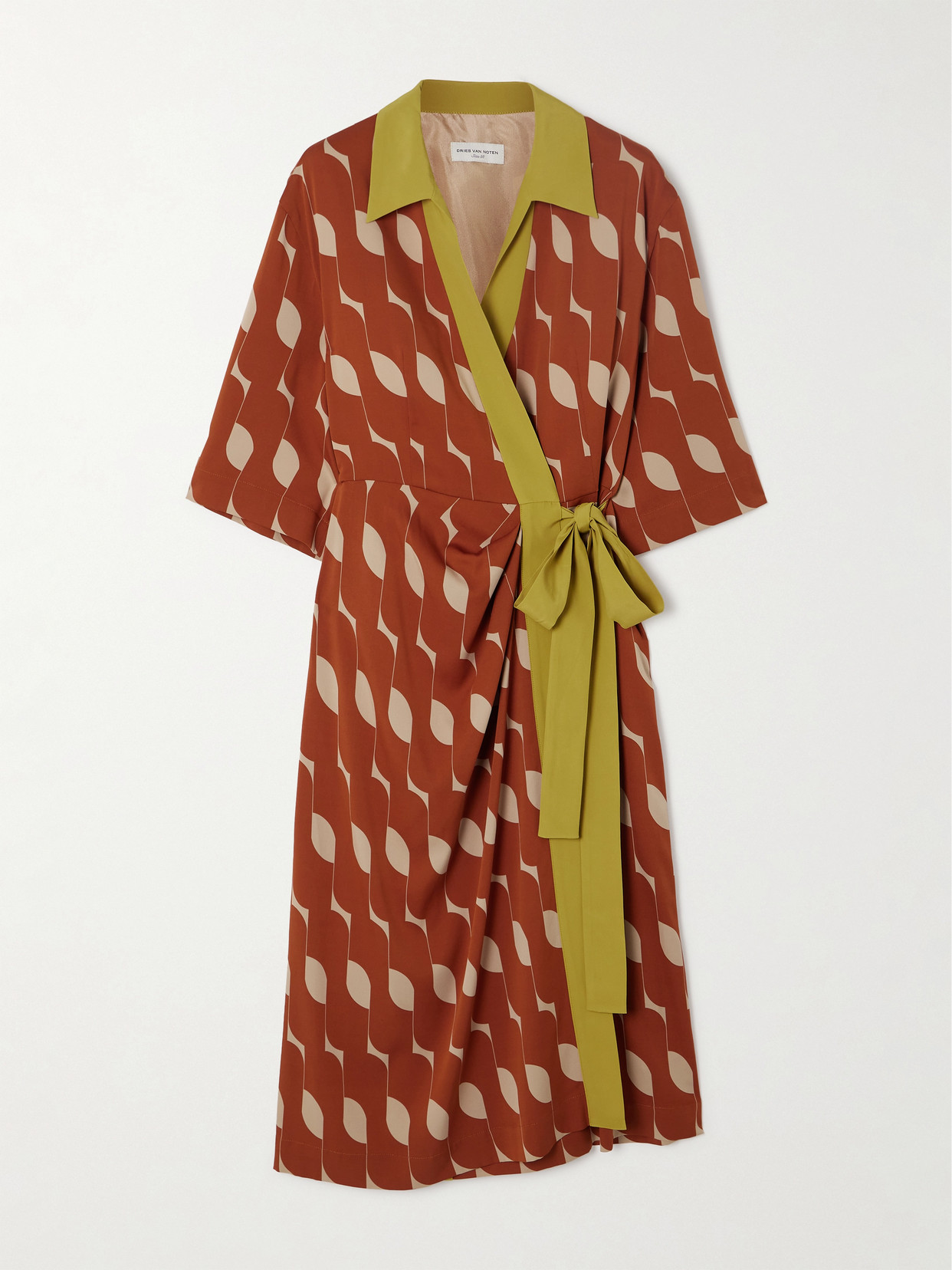 Dries Van Noten Printed Silk-blend Crepe Wrap Dress In Yellow