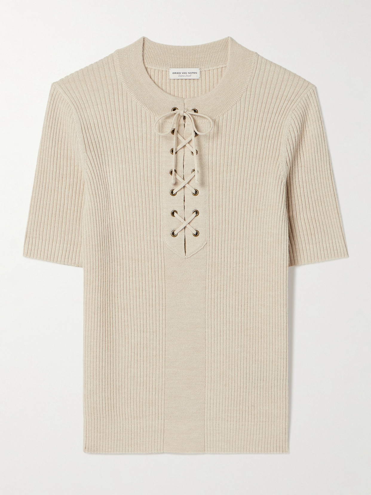 Shop Dries Van Noten Lace-up Ribbed Wool-blend Top In Neutrals