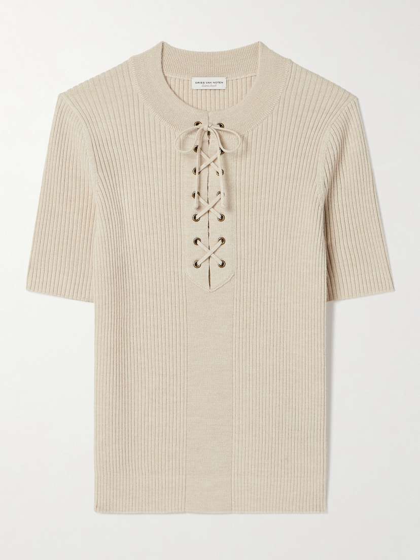Dries Van Noten Lace-up Ribbed Wool-blend Top