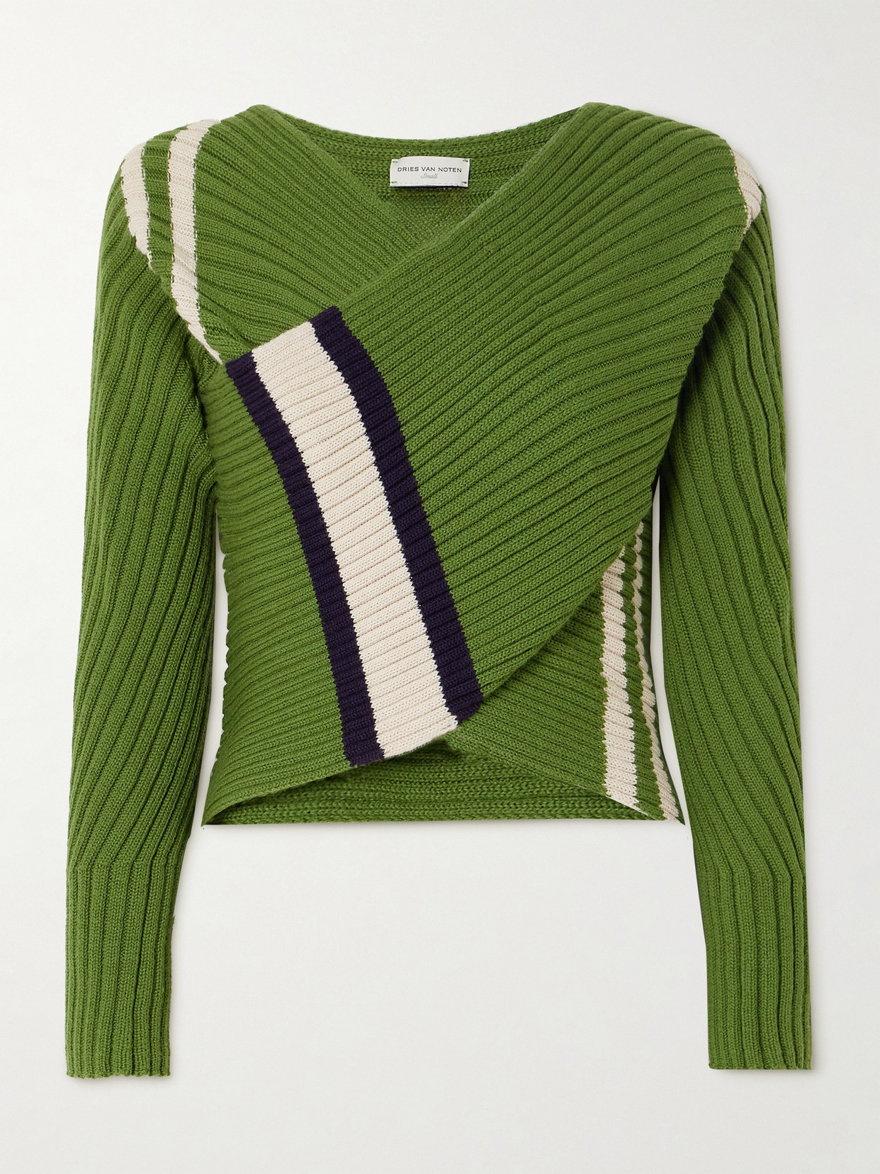 Shop Dries Van Noten Wrap-effect Striped Ribbed Wool-blend Sweater In Green