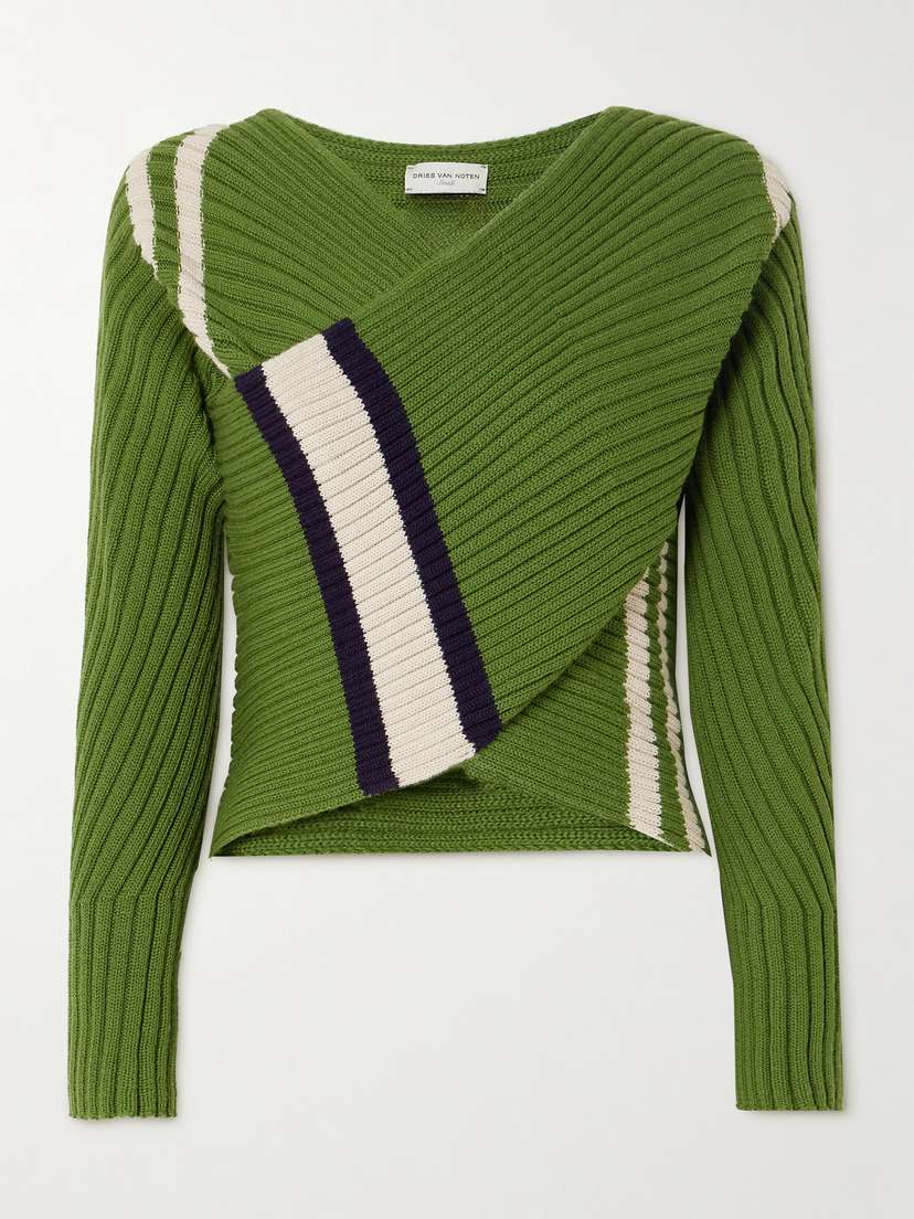 Dries Van Noten Wrap-effect Striped Ribbed Wool-blend Sweater