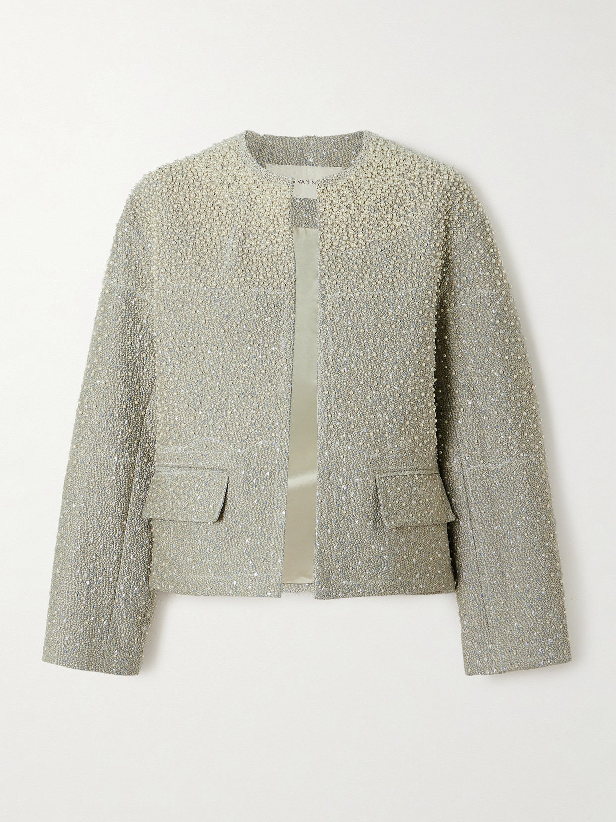 Dries Van Noten Faux Pearl-embellished Metallic Tweed Jacket In Silver