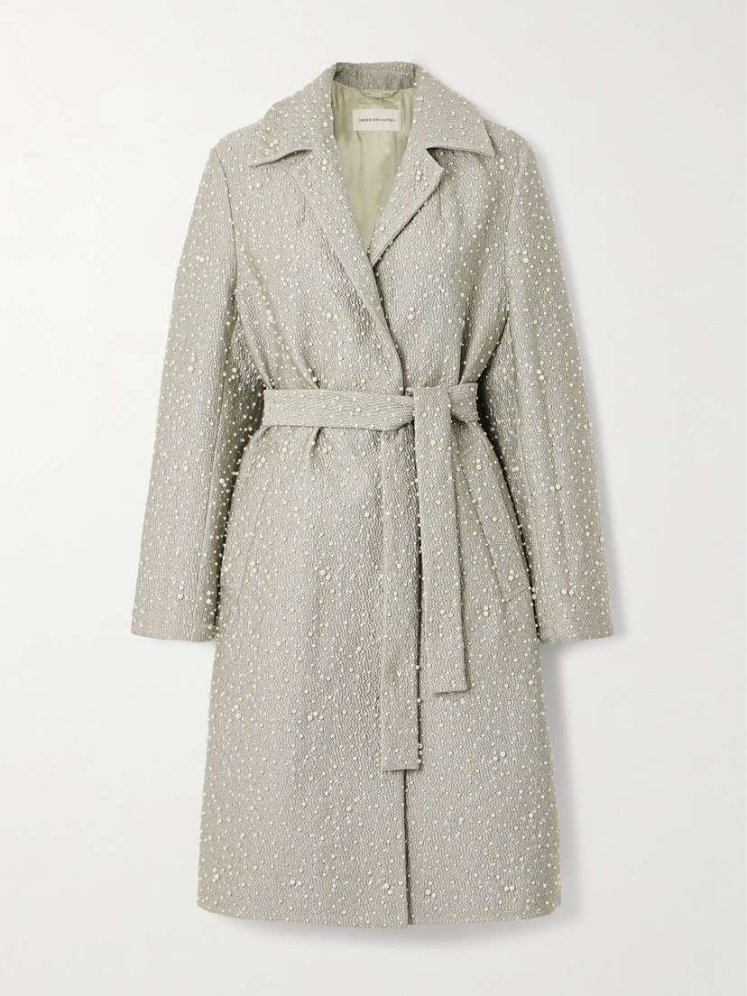 Dries Van Noten Belted Faux Pearl-embellished Metallic Woven Coat