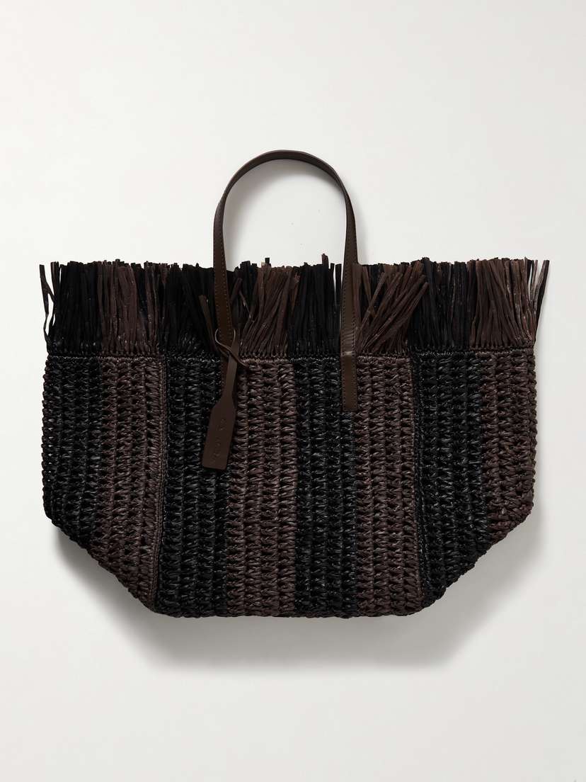 Oscar de la Renta Medium Leather-trimmed Fringed Striped Raffia Tote
