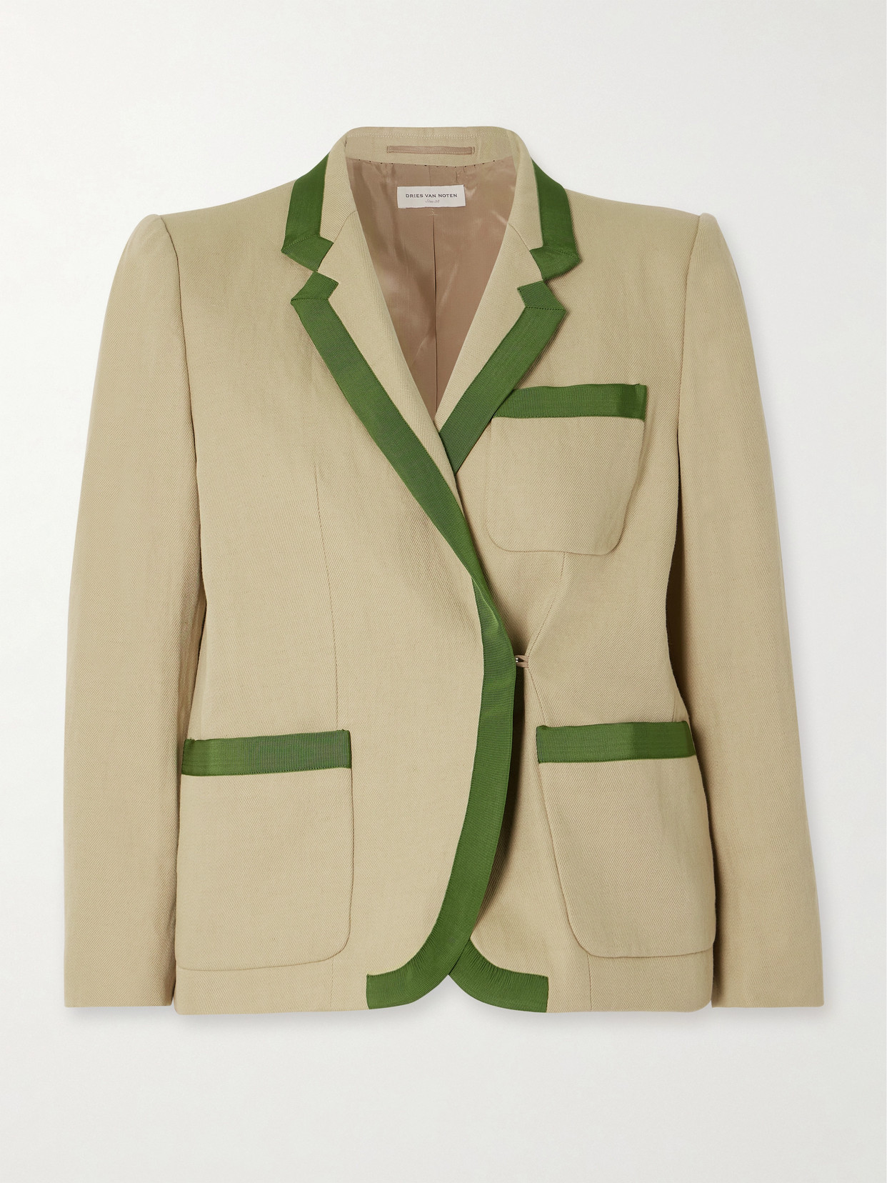 Shop Dries Van Noten Webbing-trimmed Cotton And Linen-blend Twill Blazer In Neutrals