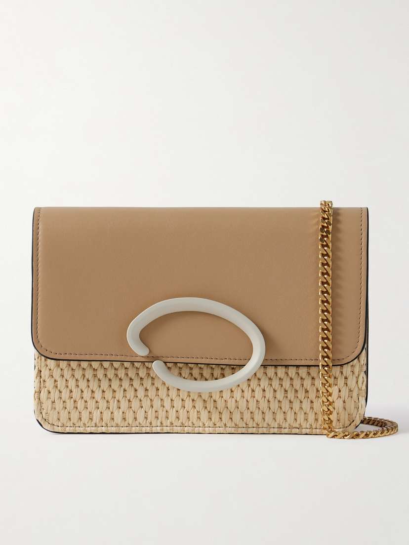 Oscar de la Renta O-pochette Embellished Raffia-paneled Leather Shoulder Bag