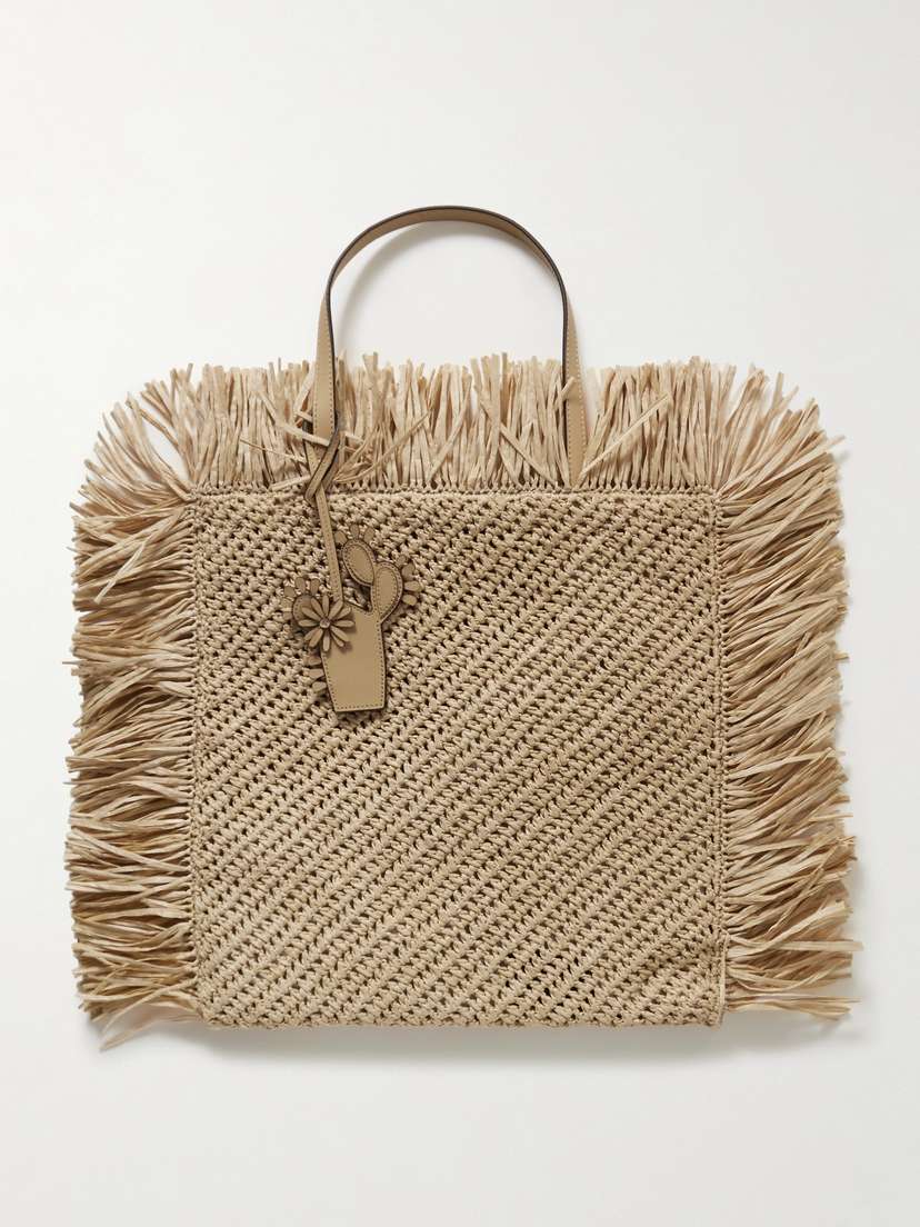 Oscar de la Renta Leather-trimmed Fringed Faux Raffia Tote