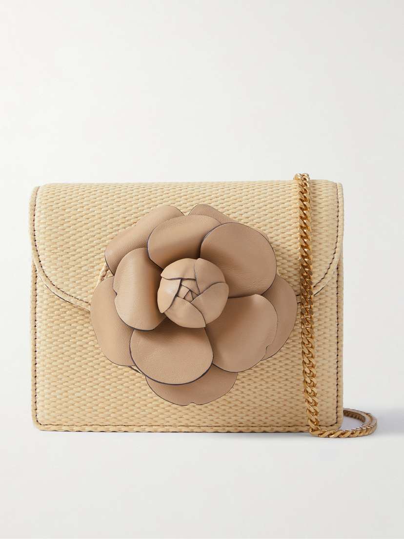 Oscar de la Renta Tro Mini Appliquéd Leather And Raffia Shoulder Bag