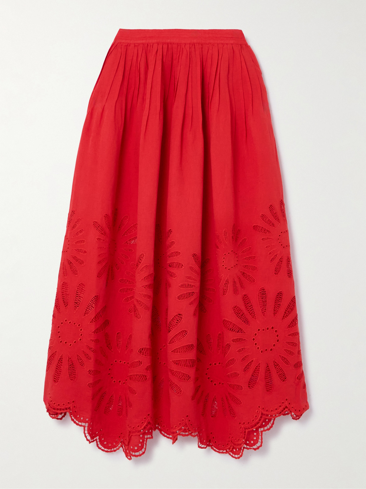 Ulla Johnson Annisa Pleated Broderie Anglaise Linen And Cotton-blend Midi Skirt In Red