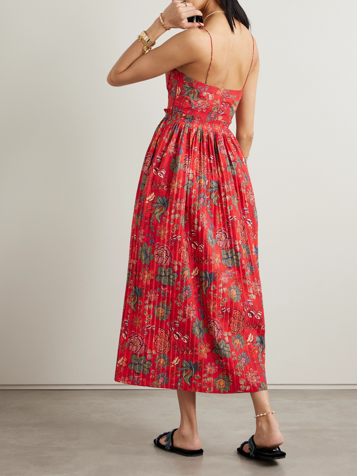 Shop Ulla Johnson Jessie Pleated Floral-print Cotton-poplin Midi Dress In Red