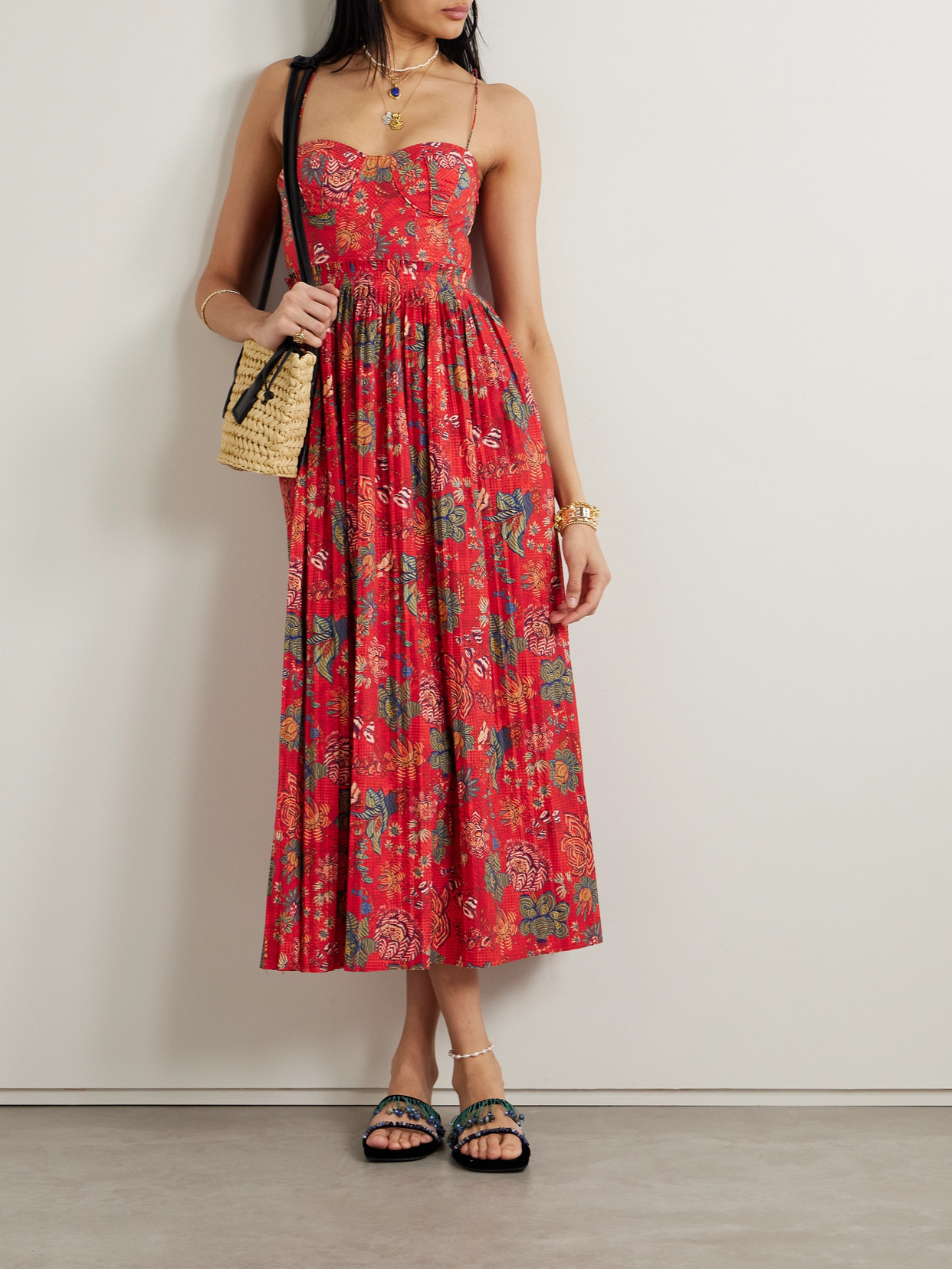 Shop Ulla Johnson Jessie Pleated Floral-print Cotton-poplin Midi Dress In Red