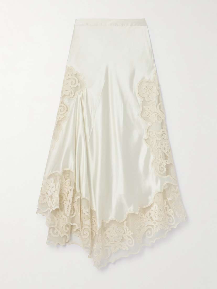 Ulla Johnson Cressida Asymmetric Appliquéd Tulle-trimmed Silk-charmeuse Skirt