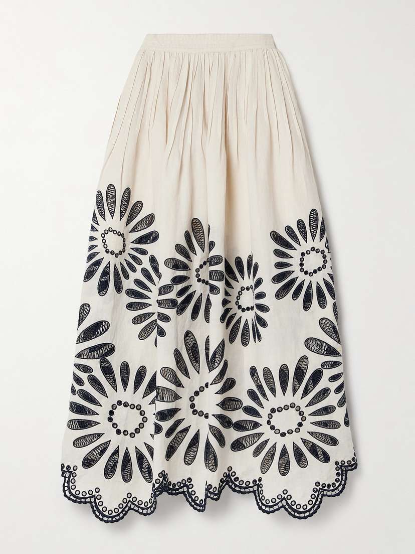 Ulla Johnson Anissa Pleated Broderie Anglaise-trimmed Linen And Cotton-blend Midi Skirt
