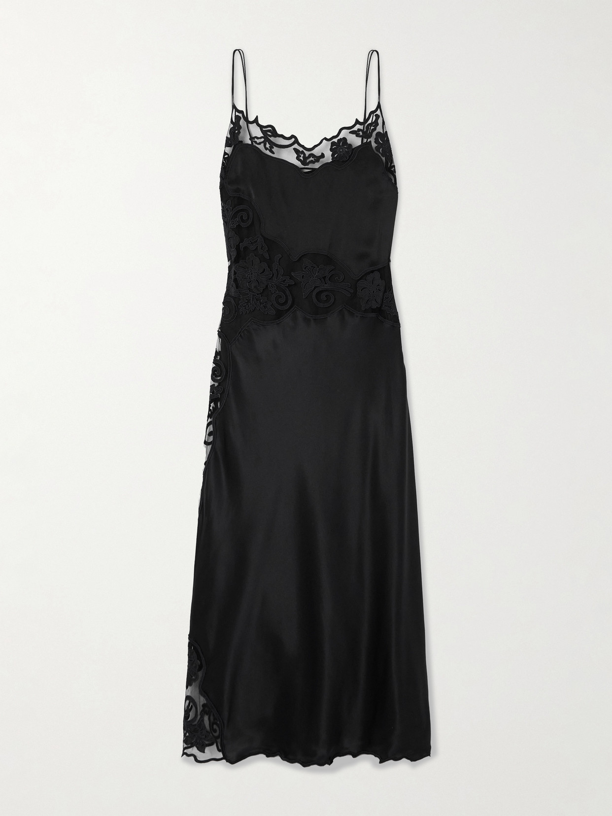 Ulla Johnson Lucienne Appliquéd Tulle-trimmed Silk-satin Midi Dress In Black