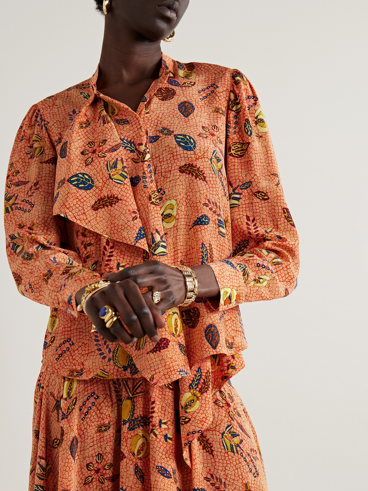 Ulla Johnson Ashlyn Ruffled Printed Silk Crepe De Chine Blouse In Orange
