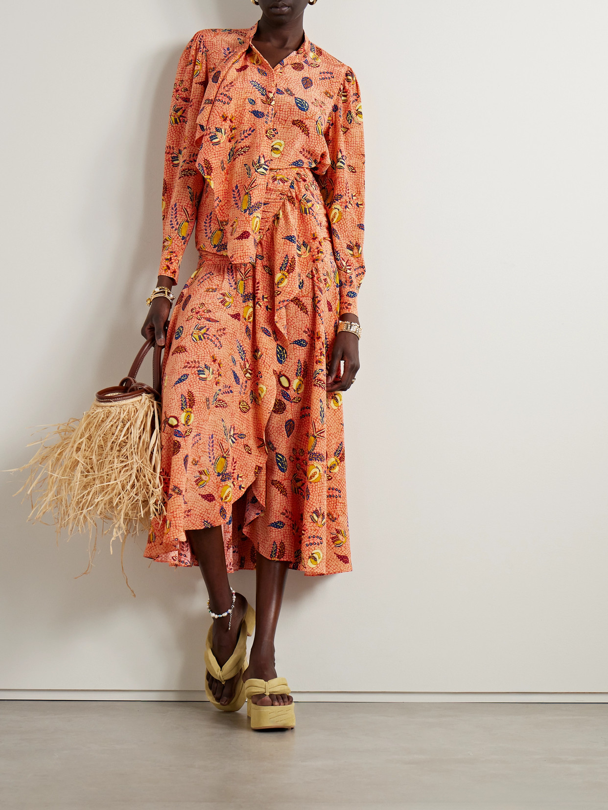 Ulla Johnson Ashlyn Ruffled Printed Silk Crepe De Chine Blouse In Orange