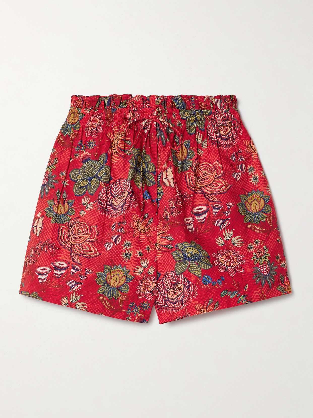 Shop Ulla Johnson Devin Ruffled Shirred Floral-print Cotton-poplin Shorts In Red