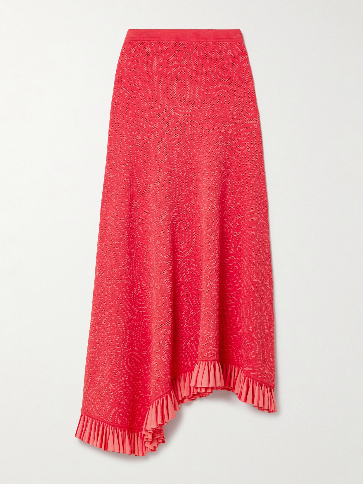 Shop Ulla Johnson Josephine Asymmetric Ruffled Two-tone Pointelle-knit Midi Skirt In Red