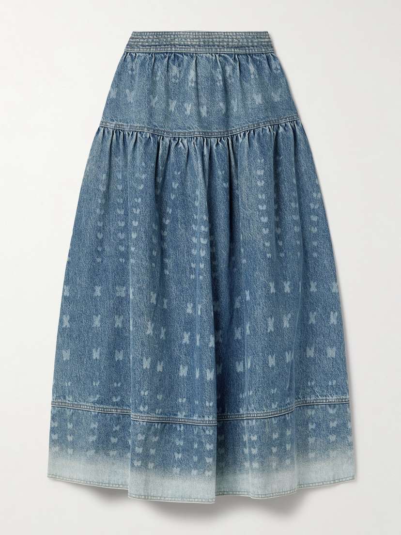 Ulla Johnson Astrid Bleached Tiered Denim Maxi Skirt