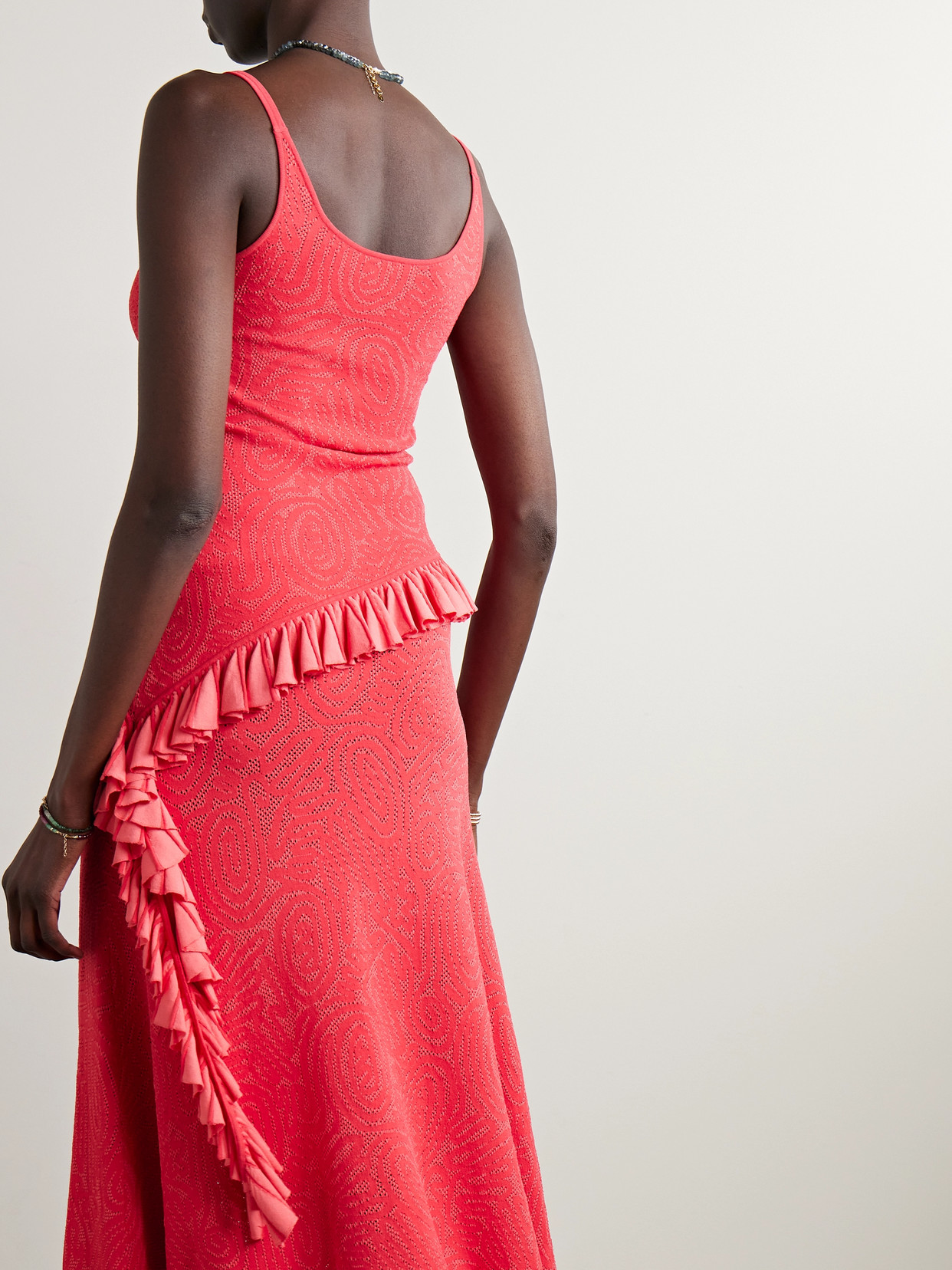 ULLA JOHNSON KENDRA ASYMMETRIC RUFFLED TWO-TONE POINTELLE-KNIT TANK