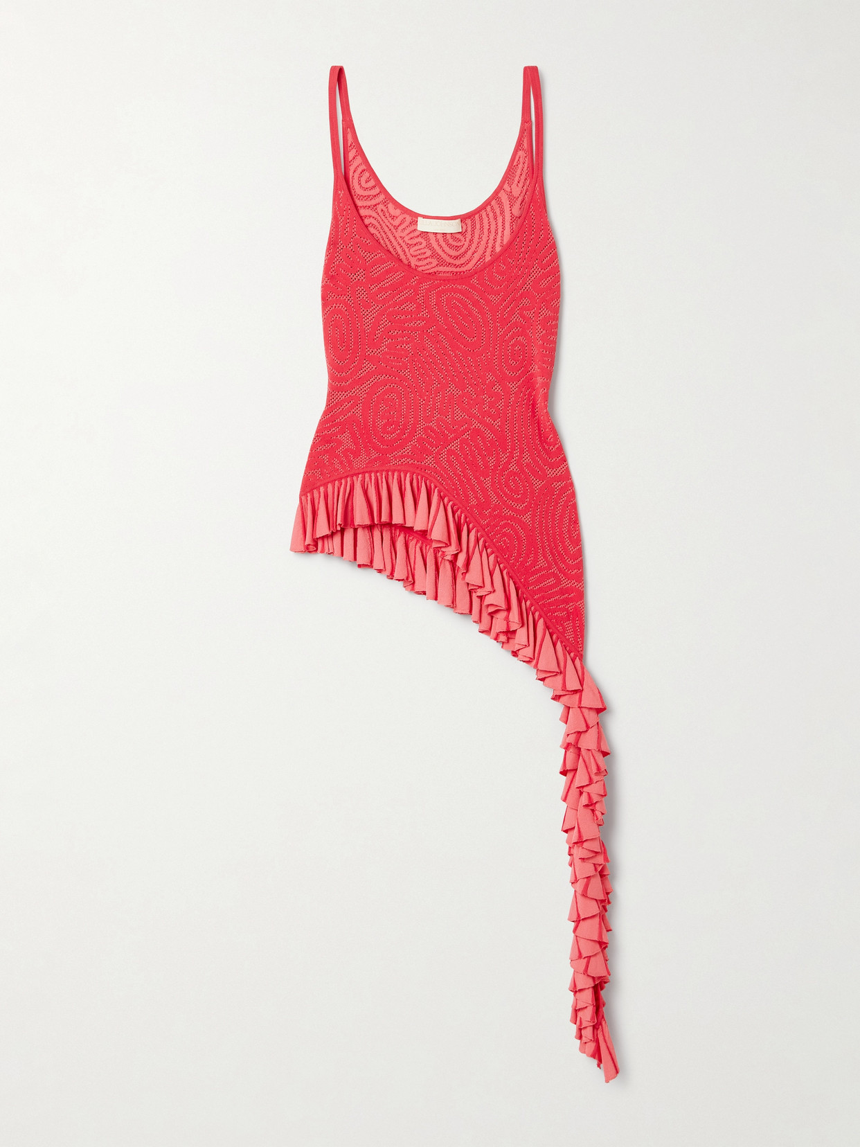 Shop Ulla Johnson Kendra Asymmetric Ruffled Two-tone Pointelle-knit Tank In Red