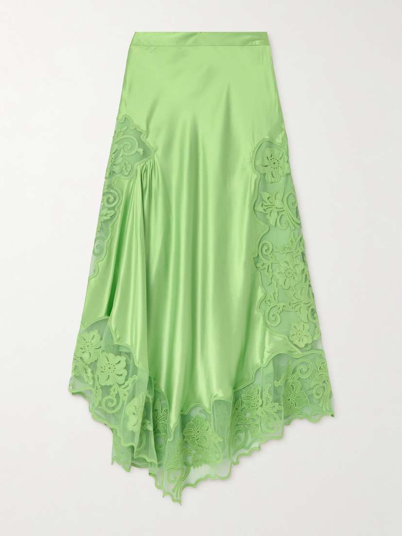 Ulla Johnson Cressida Asymmetric Appliquéd Tulle-trimmed Silk-charmeuse Maxi Skirt