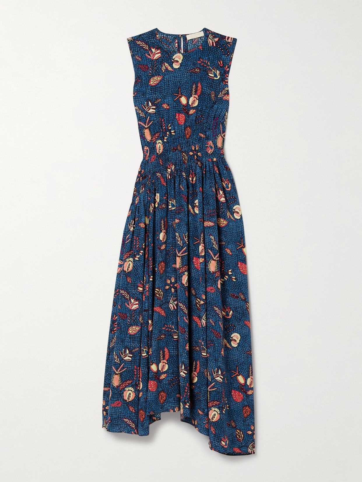 ULLA JOHNSON LUCA SHIRRED PRINTED SILK CREPE DE CHINE MIDI DRESS