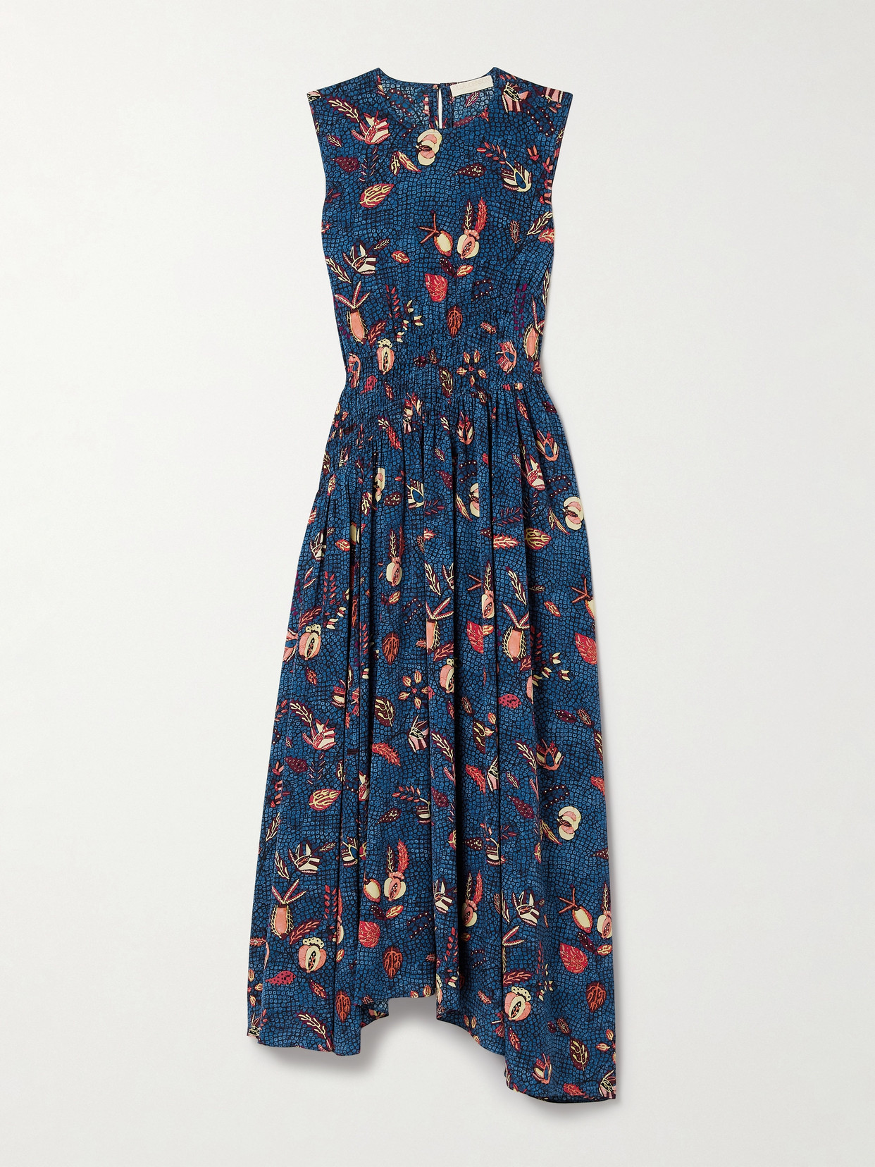 Shop Ulla Johnson Luca Shirred Printed Silk Crepe De Chine Midi Dress In Blue