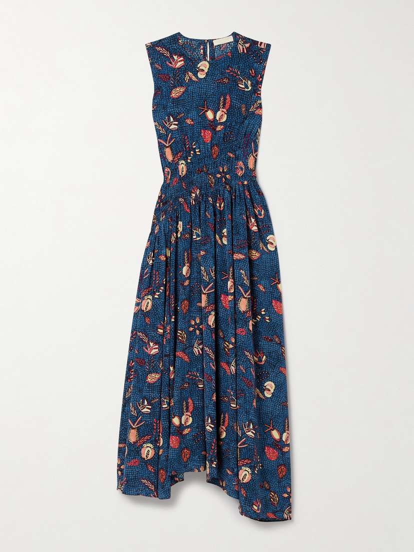 Ulla Johnson Luca Shirred Printed Silk Crepe De Chine Midi Dress