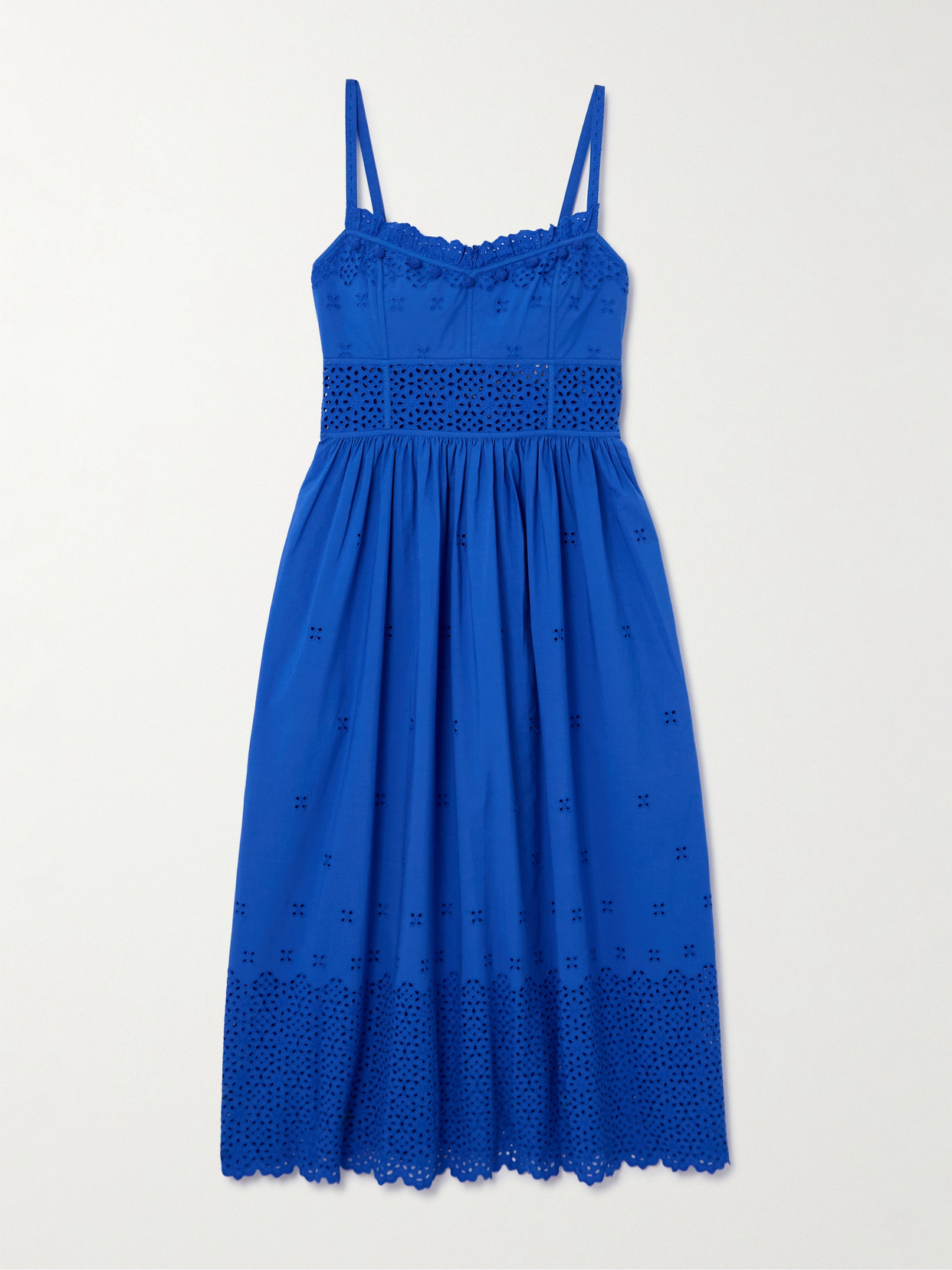 Shop Ulla Johnson Celestia Ruffled Broderie Anglaise Cotton Midi Dress In Blue