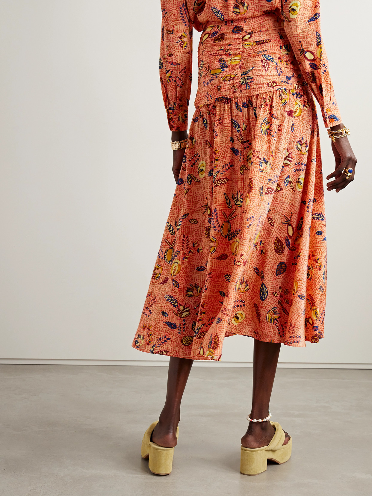 Shop Ulla Johnson Georgina Ruffled Printed Silk Crepe De Chine Maxi Skirt In Orange