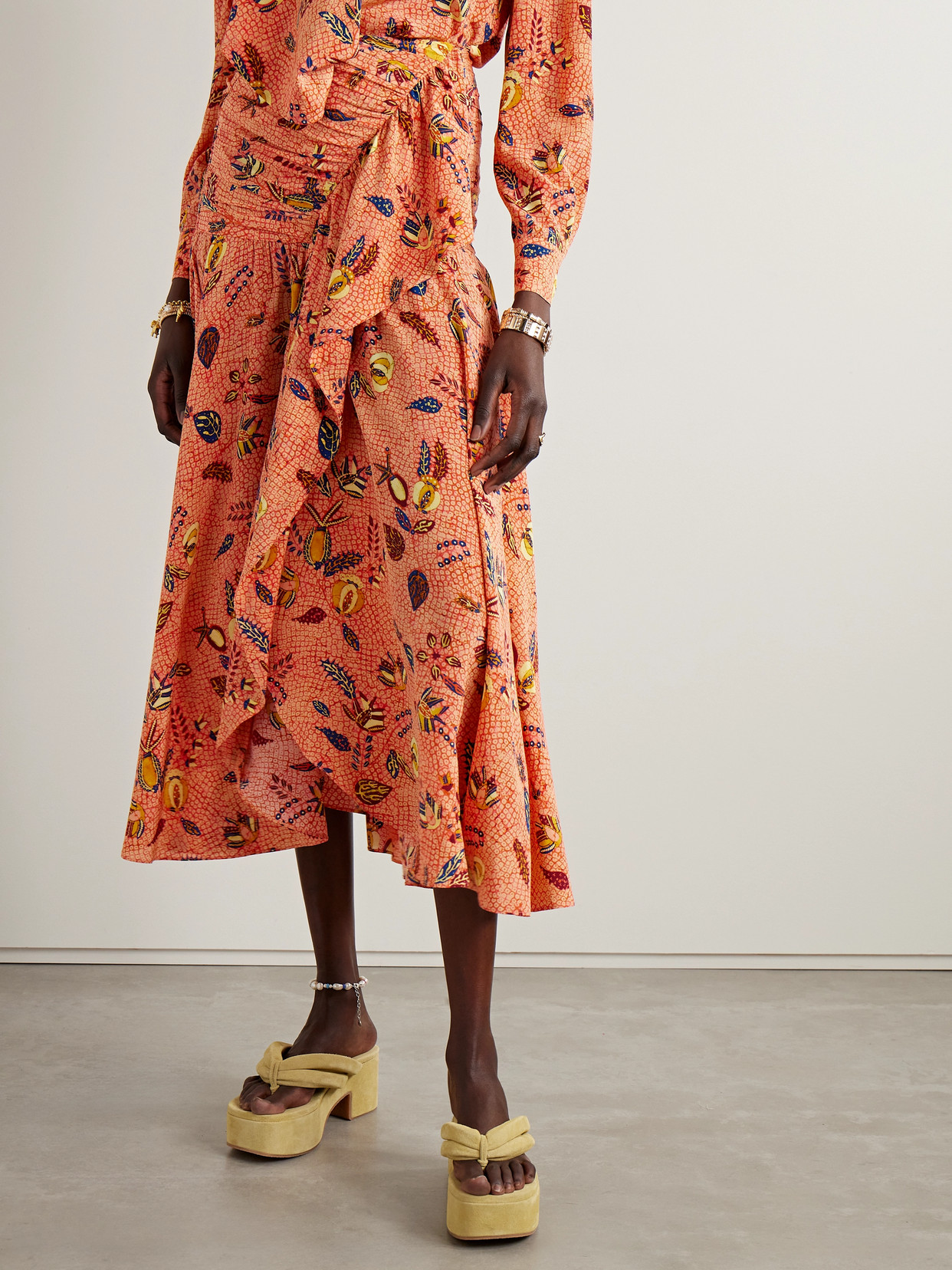 Ulla Johnson Georgina Ruffled Printed Silk Crepe De Chine Maxi Skirt In Orange