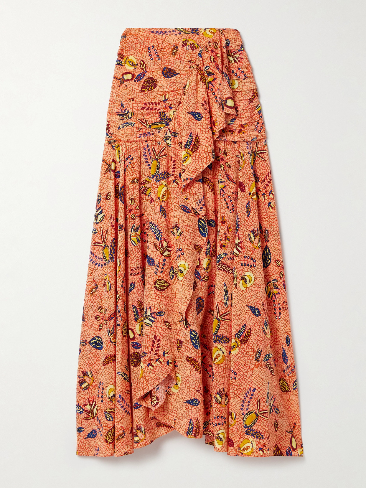 Shop Ulla Johnson Georgina Ruffled Printed Silk Crepe De Chine Maxi Skirt In Orange