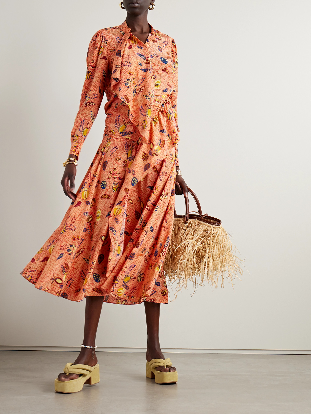Ulla Johnson Georgina Ruffled Printed Silk Crepe De Chine Maxi Skirt In Orange