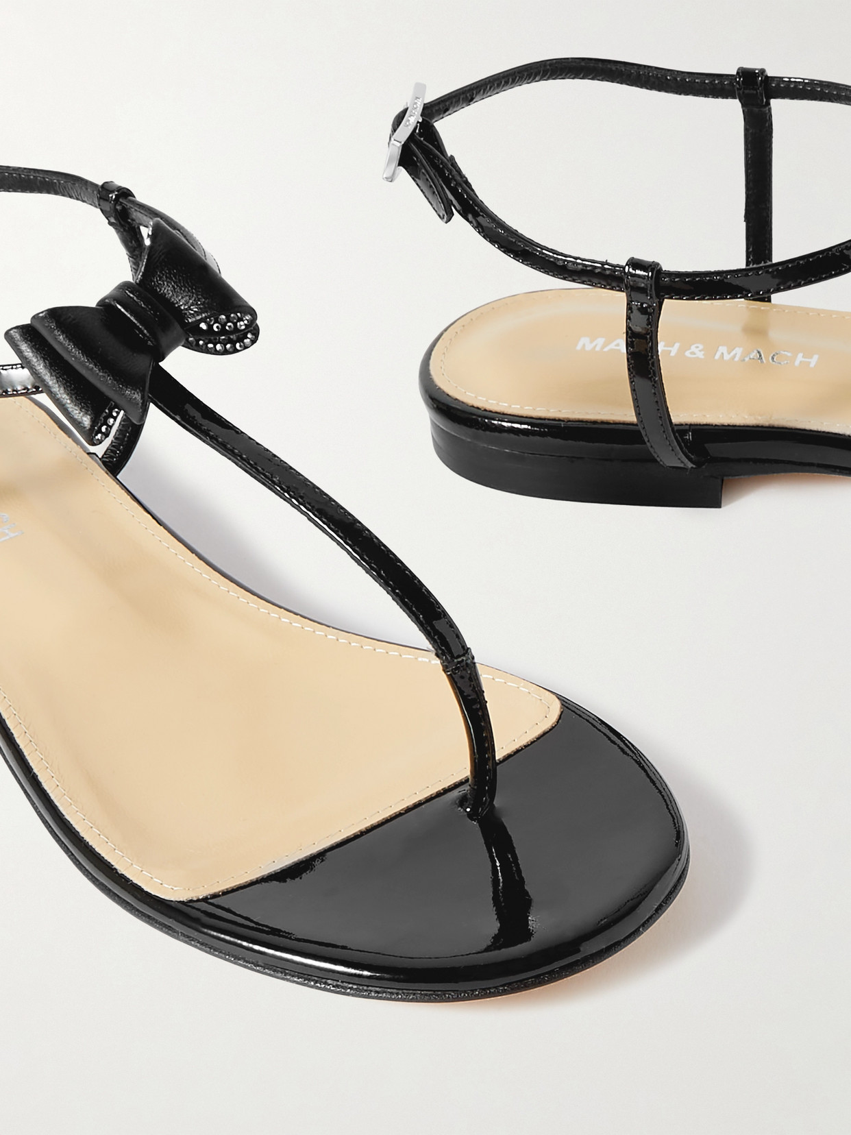 Shop Mach & Mach Petite Cadeau Crystal And Bow-embellished Patent-leather Sandals In Black