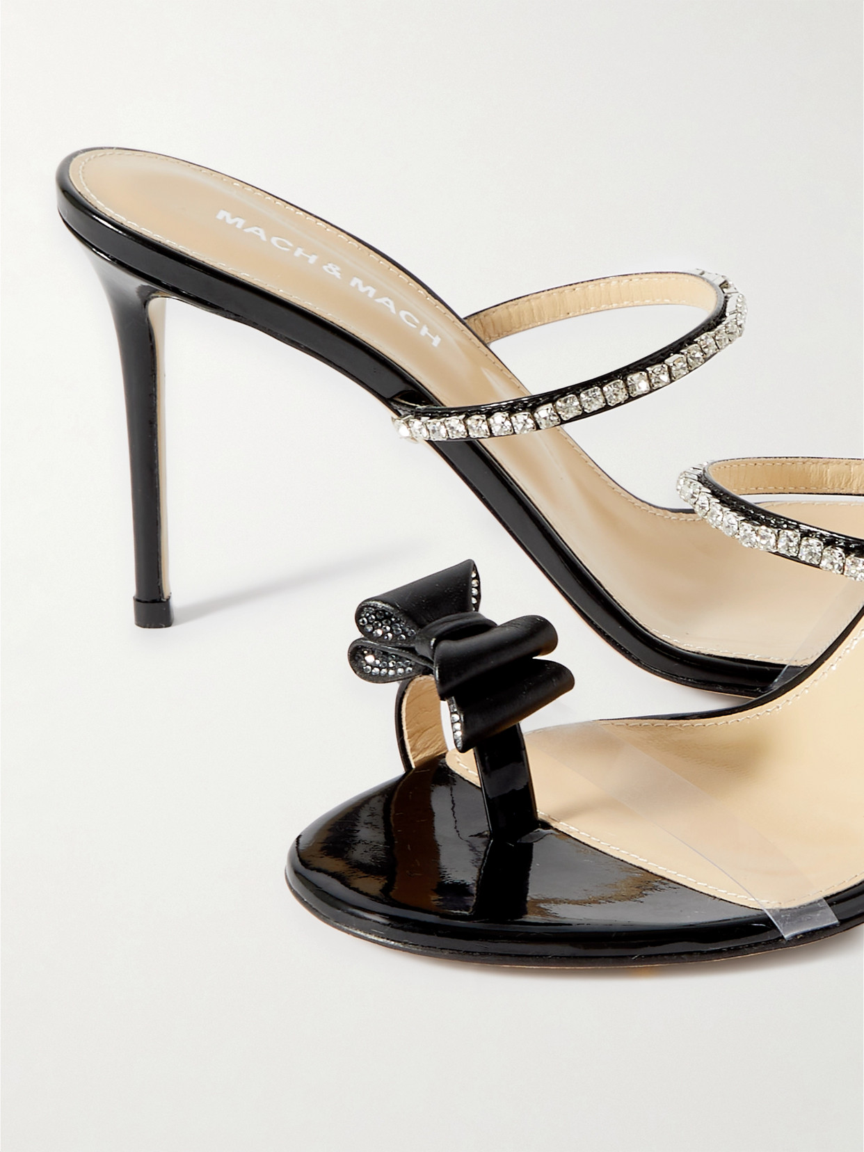 Mach&mach Petite Cadeau Crystal And Bow-embellished Patent-leather Mules In Black