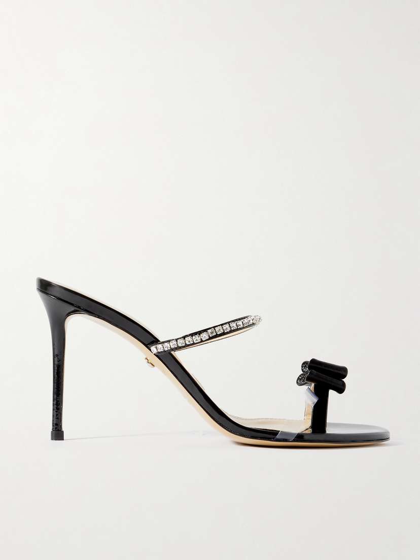 Mach & Mach Petite Cadeau Crystal And Bow-embellished Patent-leather Mules