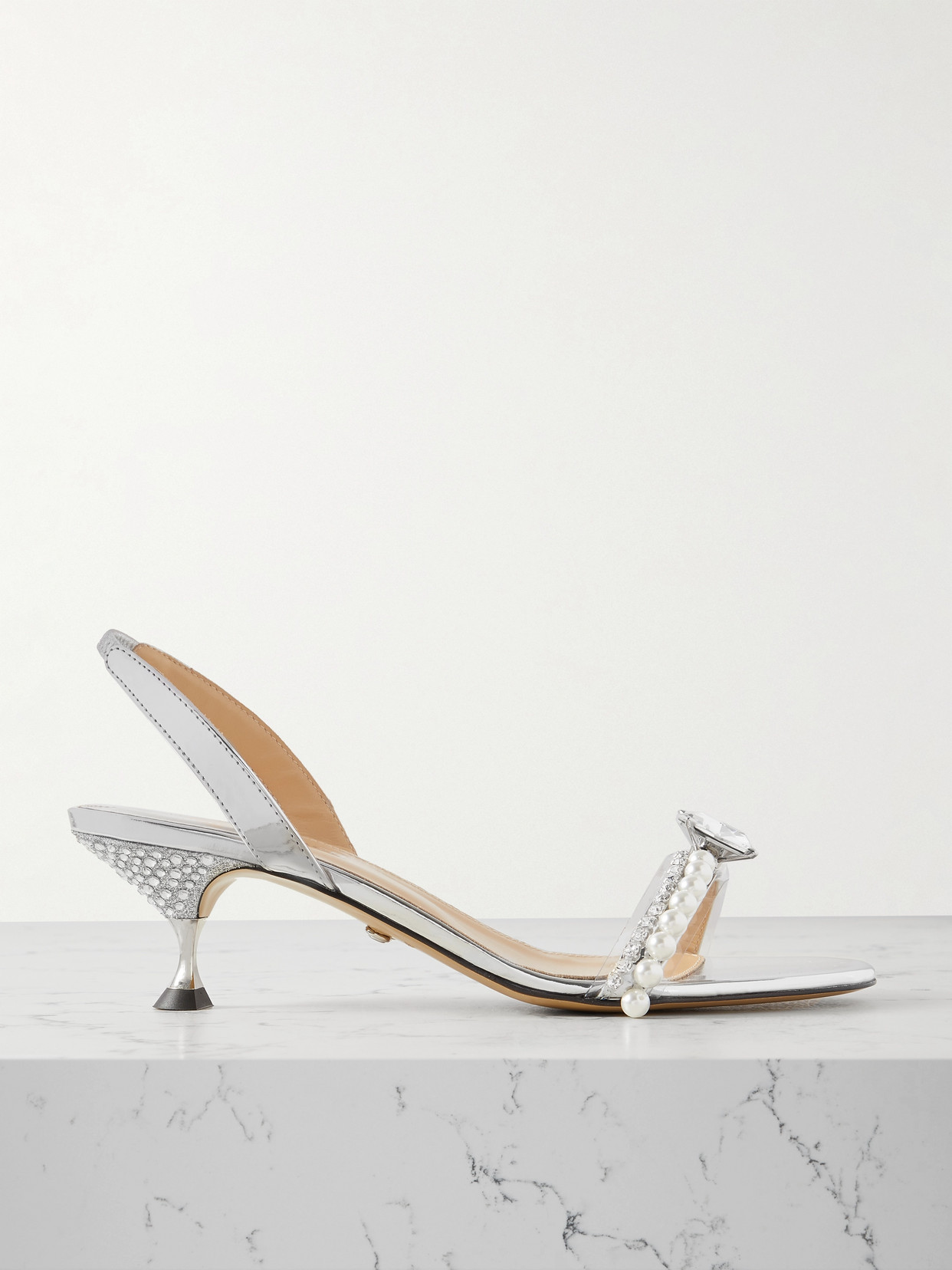 Mach & Mach Diamond Of Elizabeth Embellished Metallic Leather Slingback Sandals In Silver