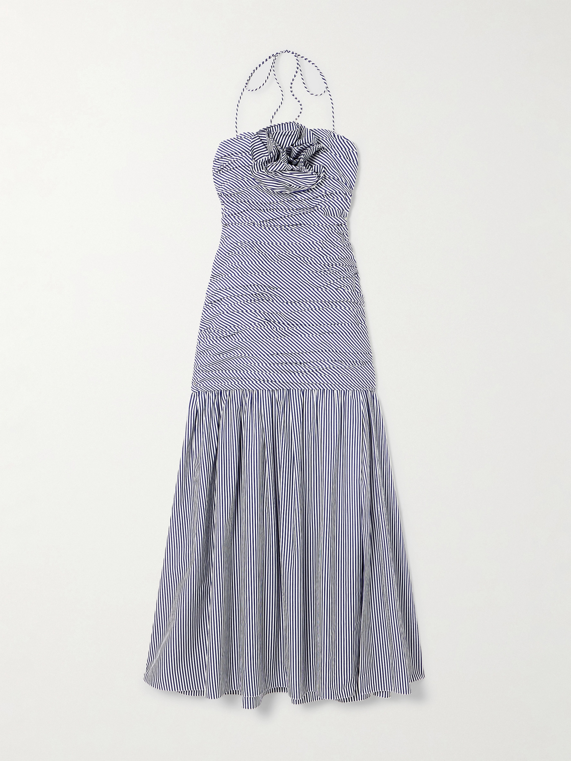 Carolina Herrera Ruched appliquéd striped cotton-poplin halterneck midi dress thumbnail