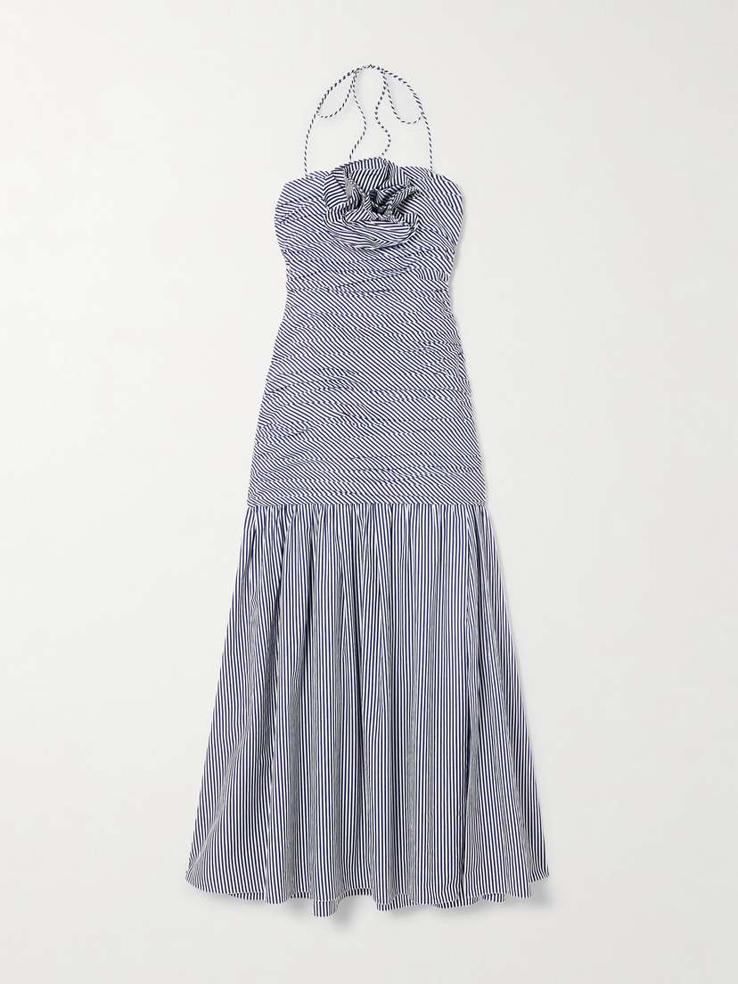 Carolina Herrera Ruched Appliquéd Striped Cotton-poplin Halterneck Midi Dress