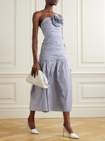 Carolina Herrera Ruched appliquéd striped cotton-poplin halterneck midi dress
