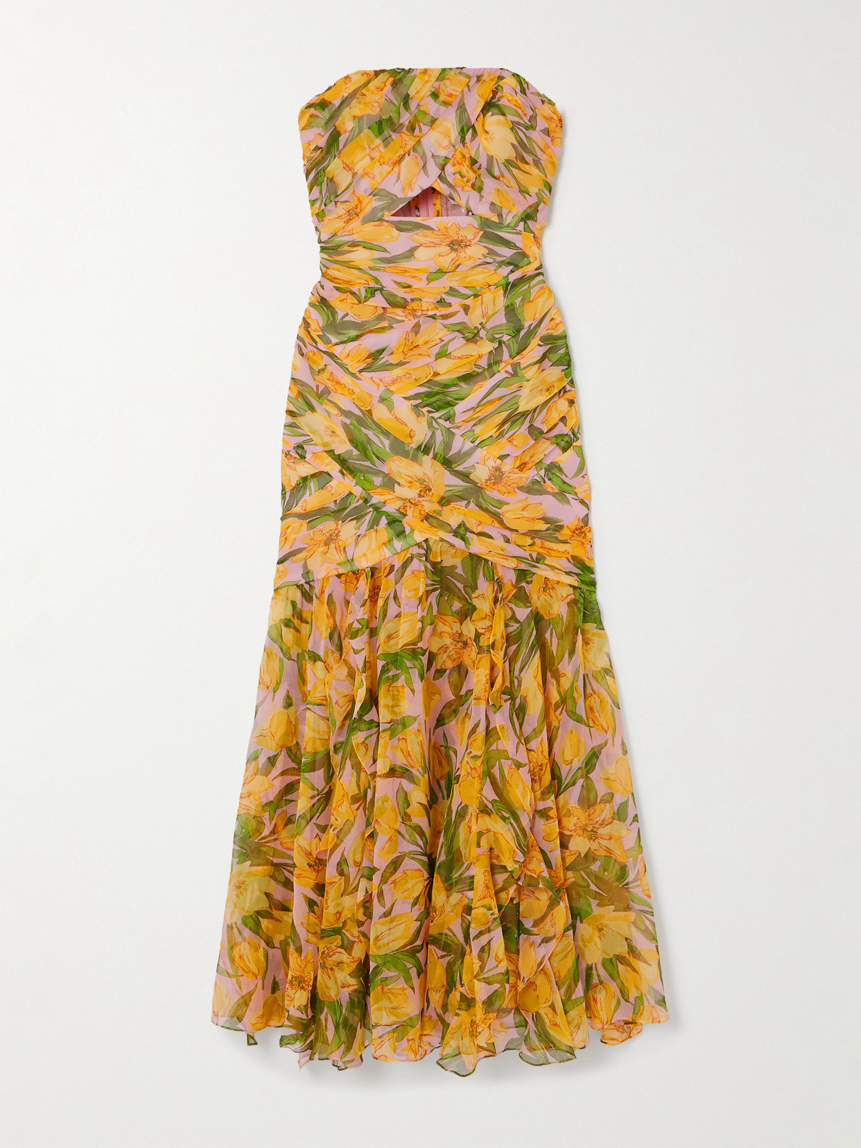 Carolina Herrera Strapless Draped Cutout Floral-print Silk-chiffon Gown In Yellow